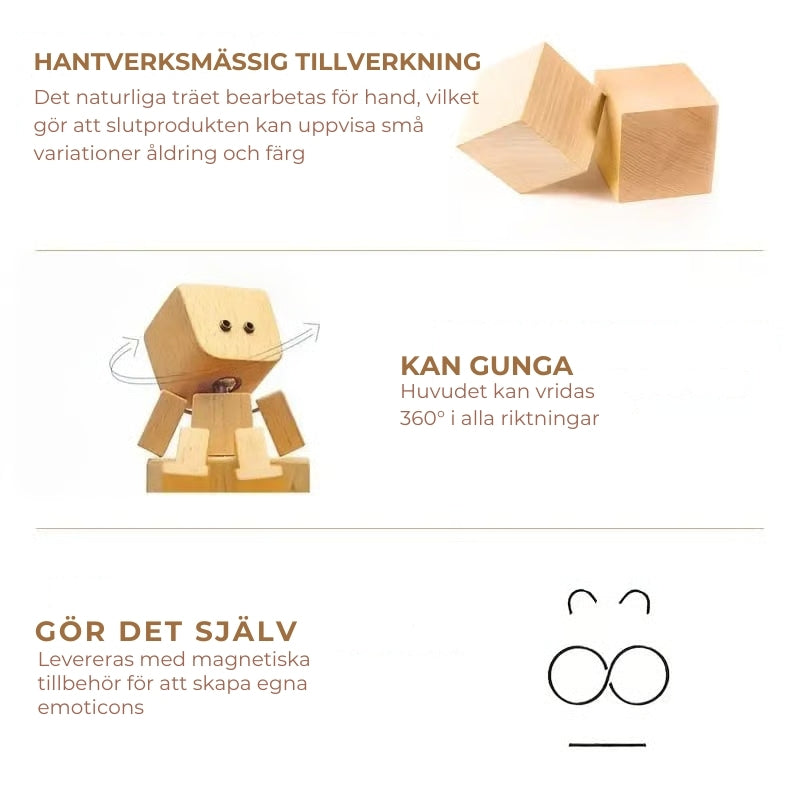 Charmant liten träfigur med 12 magnetiska uttryck