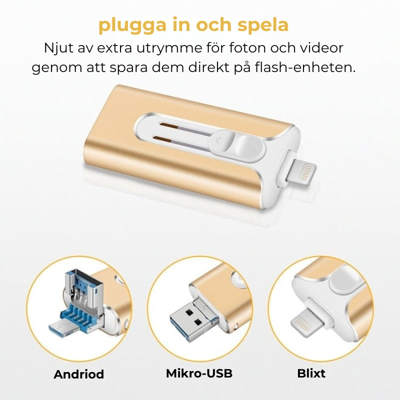 32~256 GB Micro USB + Lightning + USB 3.0 4-i-1 Mobil U-disk
