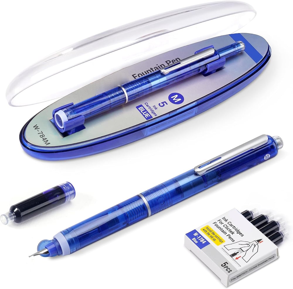 Reservoarpenna - 0,38 mm, blå och svart bläck, inkl. 5 refillbara bläckpatroner