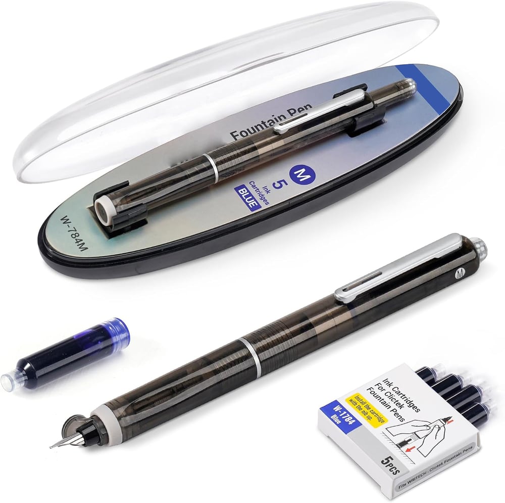 Reservoarpenna - 0,38 mm, blå och svart bläck, inkl. 5 refillbara bläckpatroner