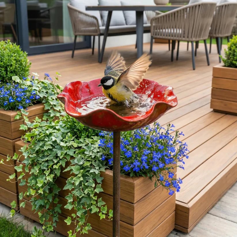 Handgjort fågelbad med form av en blomma
