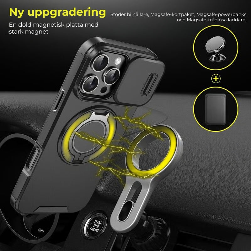iPhone-fodral med skjutbart kameraskydd och vridbart ringstativ
