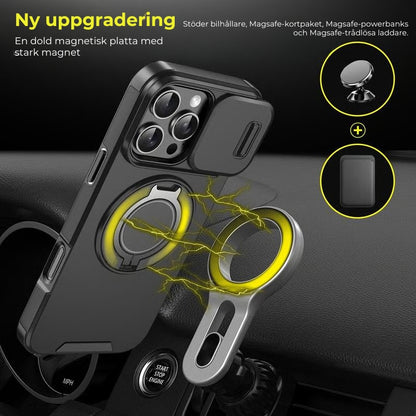 iPhone-fodral med skjutbart kameraskydd och vridbart ringstativ