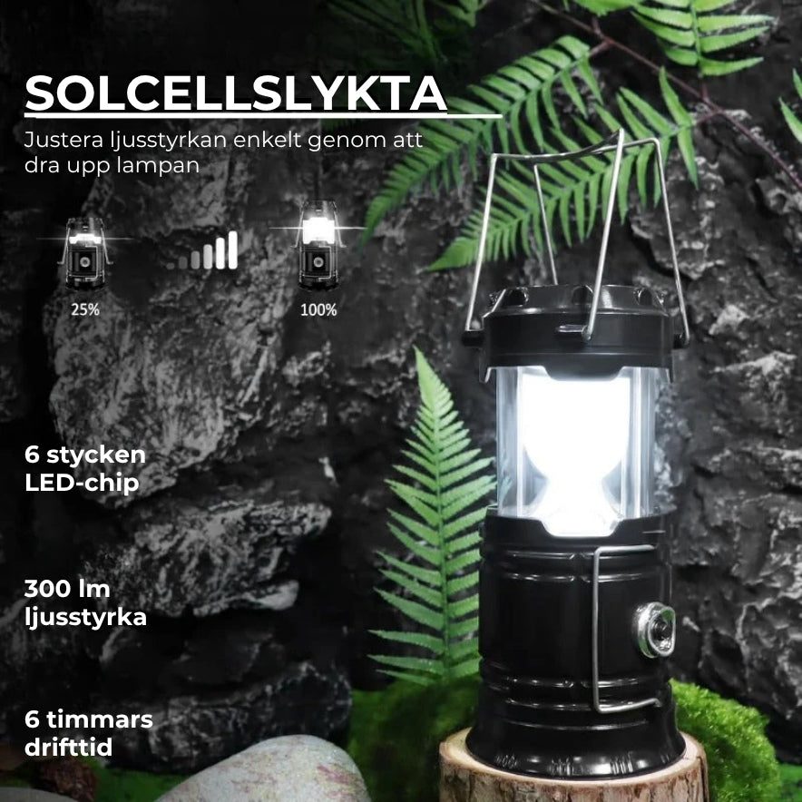 Solcellsdriven campinglykta och ficklampa med USB-anslutning