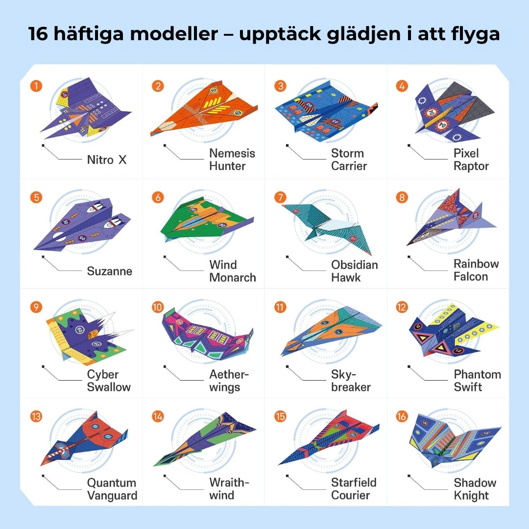 Roliga pappersflygplan att göra själv – set med 16 stycken
