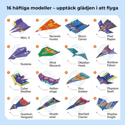Roliga pappersflygplan att göra själv – set med 16 stycken
