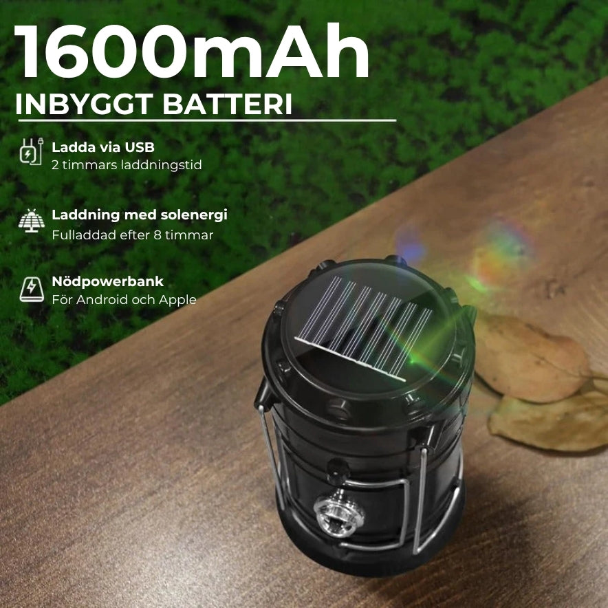 Solcellsdriven campinglykta och ficklampa med USB-anslutning