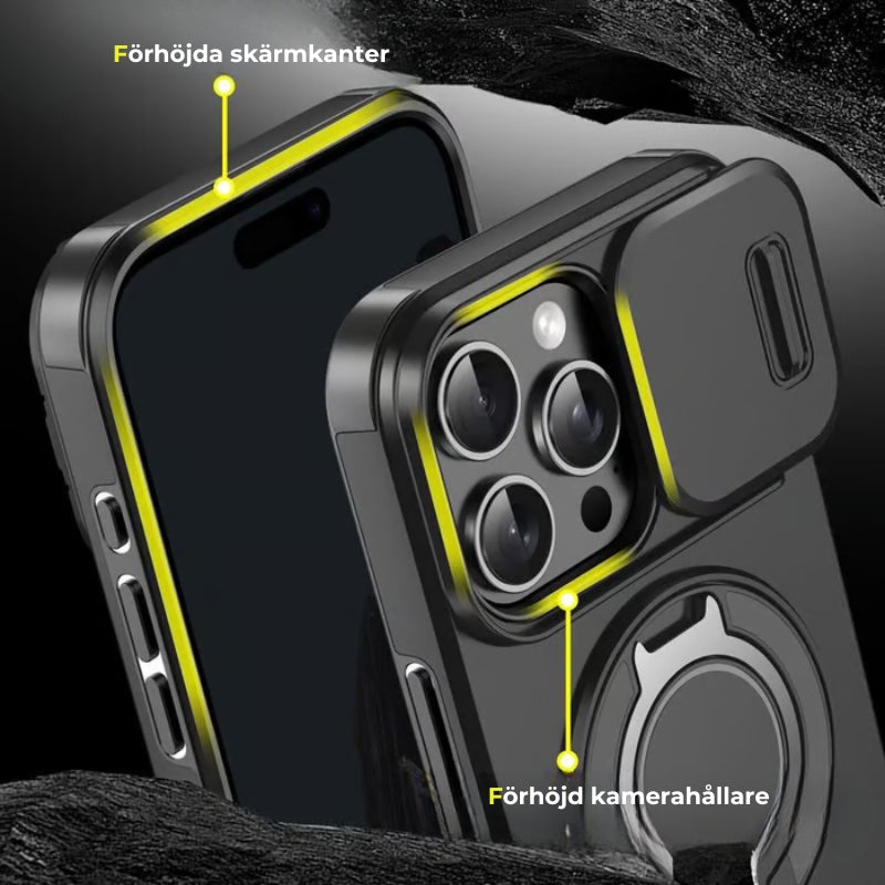 iPhone-fodral med skjutbart kameraskydd och vridbart ringstativ