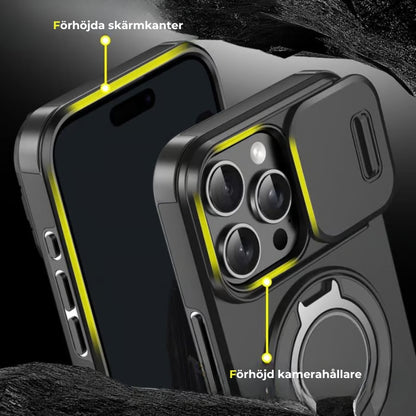 iPhone-fodral med skjutbart kameraskydd och vridbart ringstativ