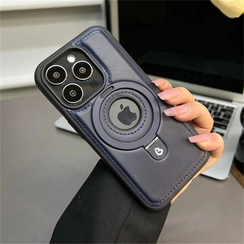 Lyxigt läderfodral för iPhone med inbyggd stativ