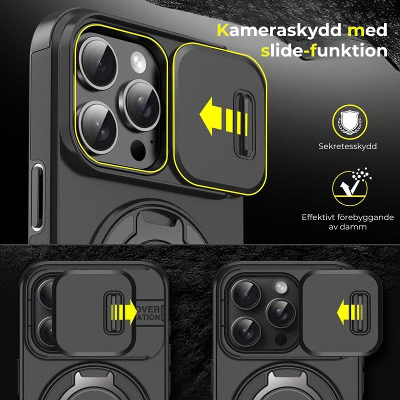 iPhone-fodral med skjutbart kameraskydd och vridbart ringstativ