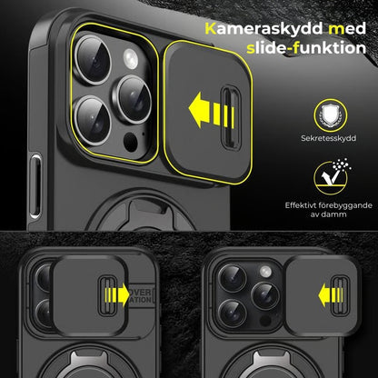 iPhone-fodral med skjutbart kameraskydd och vridbart ringstativ