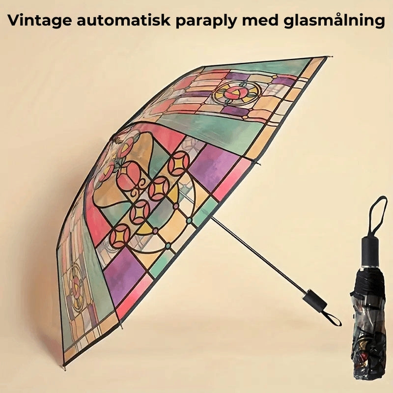 Vintage automatiskt paraply med motiv av målat glas
