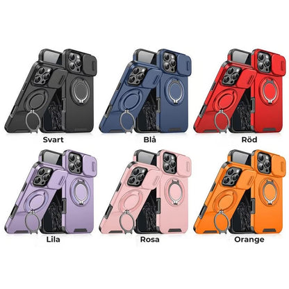 iPhone-fodral med skjutbart kameraskydd och vridbart ringstativ