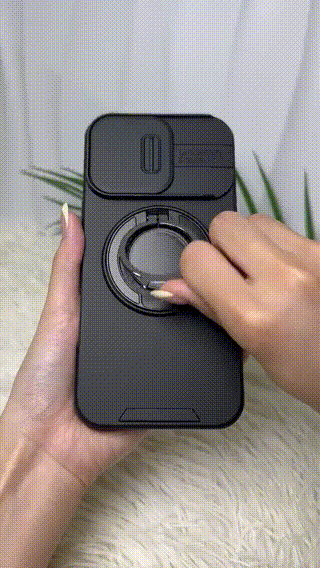 iPhone-fodral med skjutbart kameraskydd och vridbart ringstativ