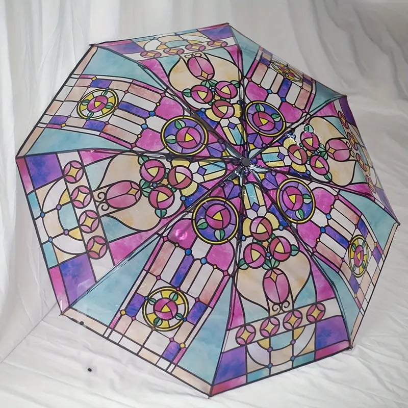 Vintage automatiskt paraply med motiv av målat glas