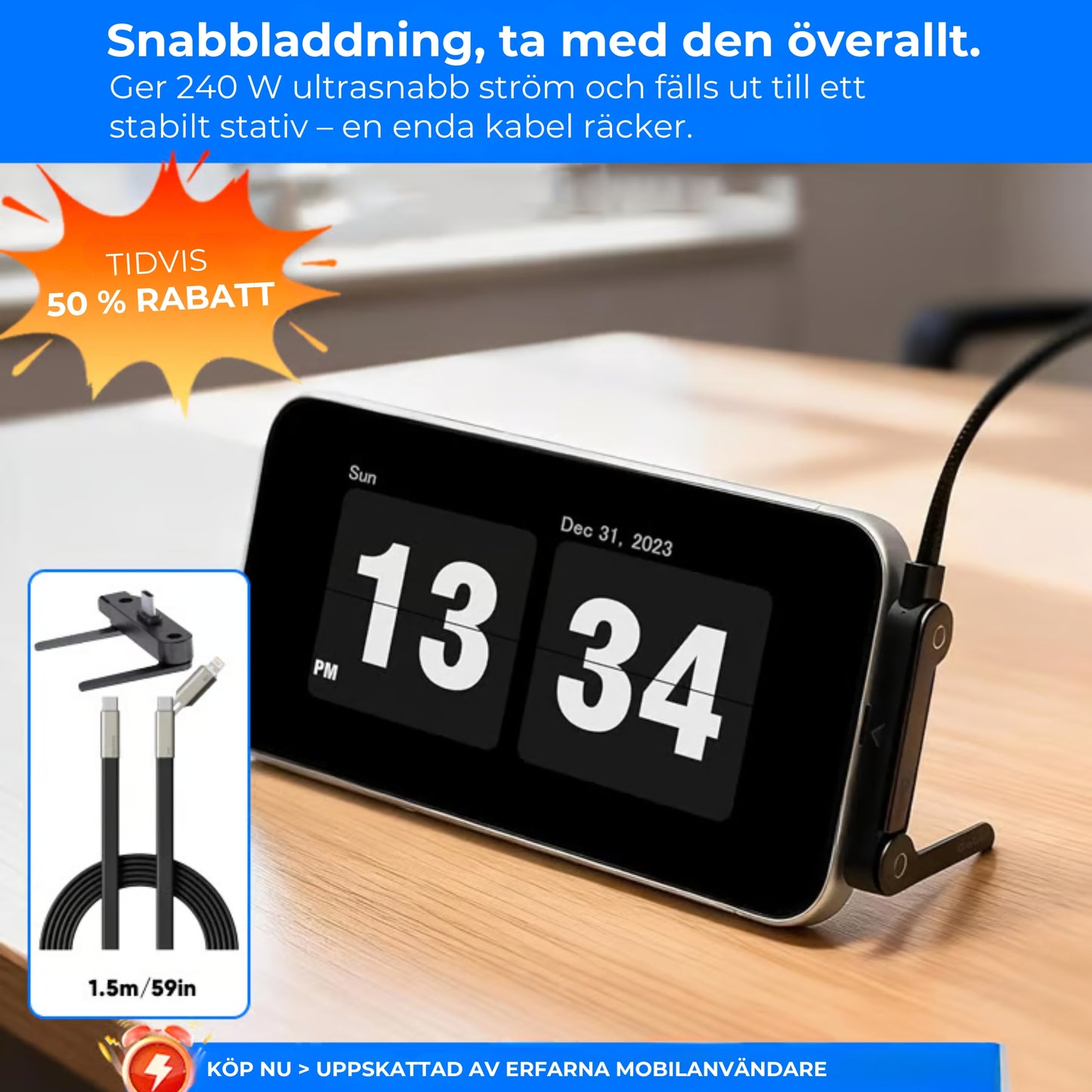 240 W snabbladdningskabel med SMART hållare (360°)